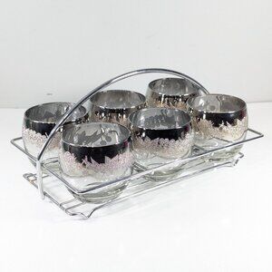 MCM chromed bar caddy with 6 Silver ombre fade Fade Roly Poly cocktail glasses
